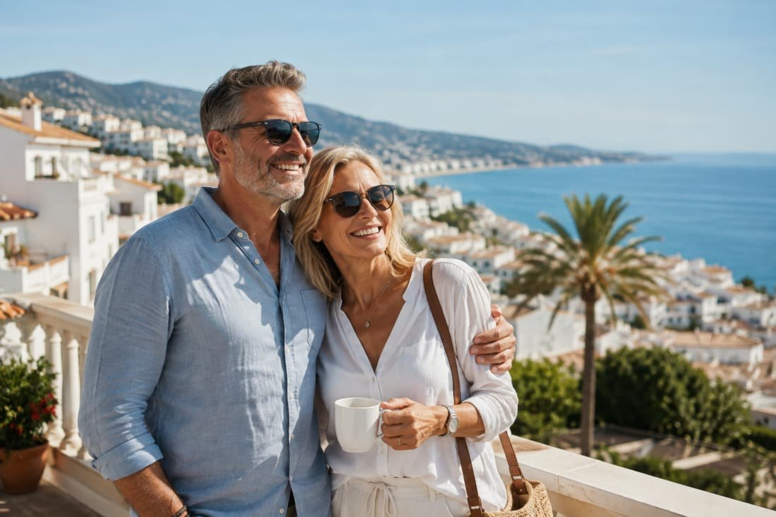 A couple on their terrace overlooking the Spanish coast