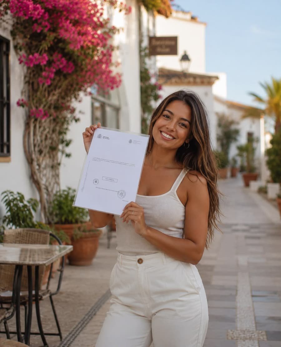 A client holding their official Spanish NIE certificate on a street in Alicante Province